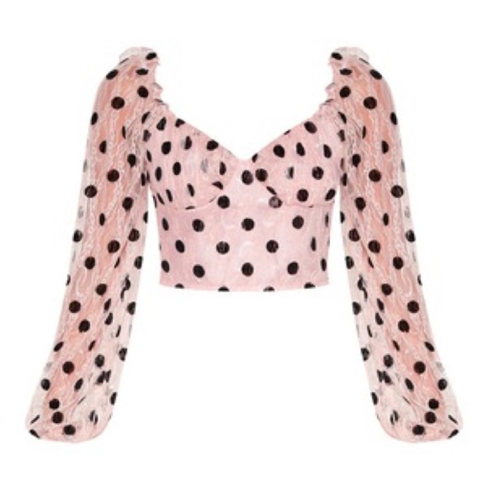 NWT Pretty Little Thing Nude Lace Polka Dot Cropped Blouse